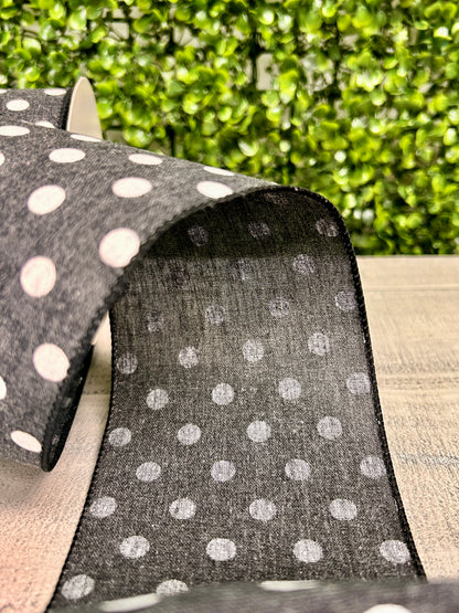 4 Inch By 10 Yard Black And White Polka Dot Linen Ribbon