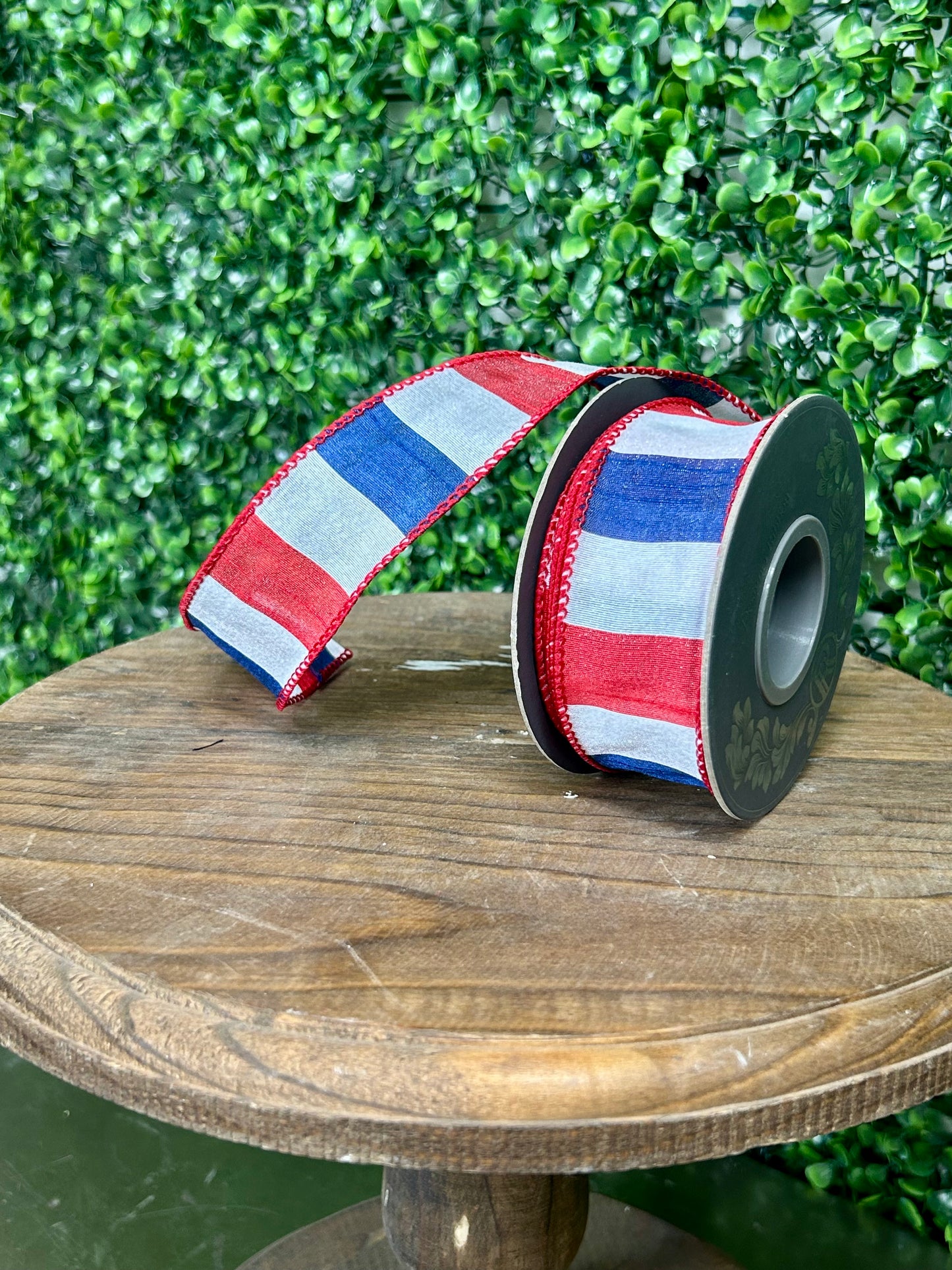 1.5 Inch By 10 Yard Red White And Blue American Dupioni Bar Wired Edge Ribbon