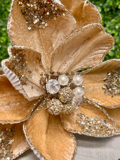 22 Inch Taupe Glitter Sequin And Bead Magnolia Spray