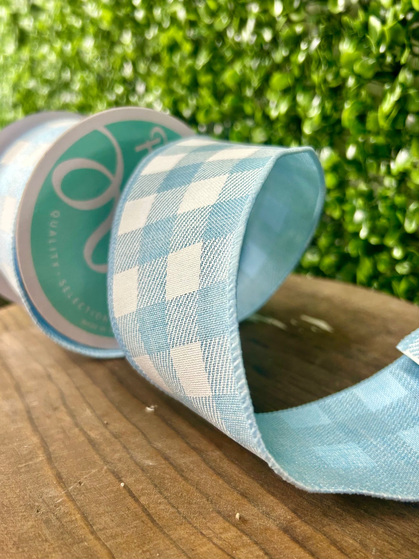 2.5 Inch By 10 Yard Pale Blue And White Striped Check On Royal Ribbon