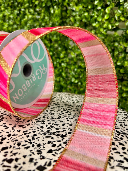 1.5 Inch By 10 Yard Pink Fuchsia Maroon And Gold Watercolor Stripes Ribbon
