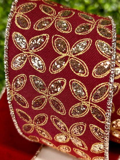 2.5 Inch By 10 Yards Burgundy And Gold Quatrefoil Petals Ribbon