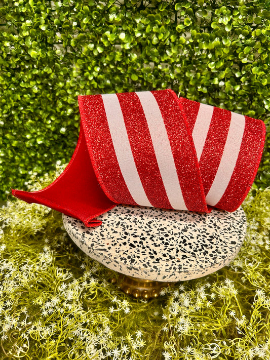 4 Inch By 10 Yard Red And White Vertical Glitter Stripe Fused Ribbon