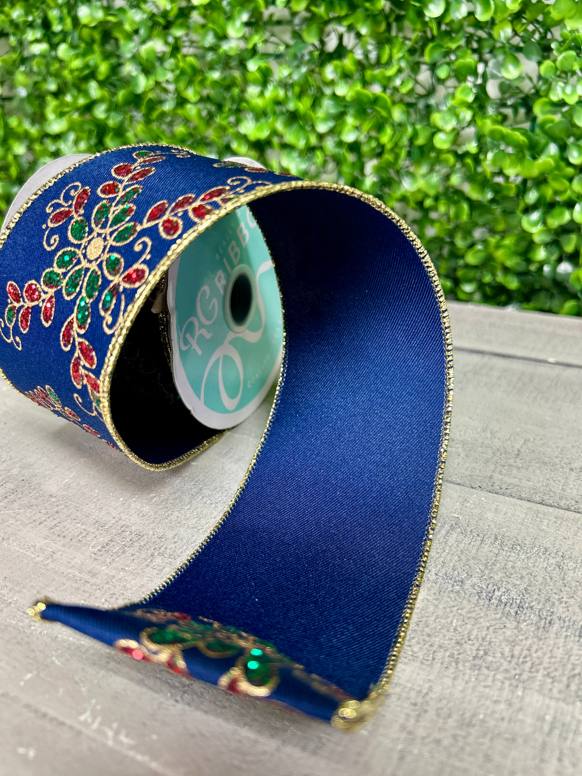 2.5 Inch By 10 Yard Navy Emerald And Red Ornate Loop Diamond Ribbon