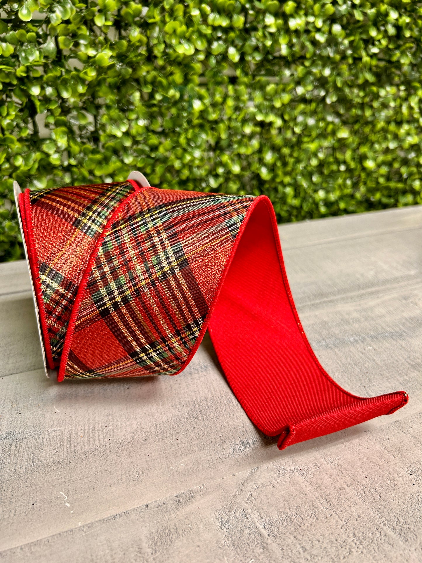 2.5 Inch By 10 Yard Red Green And Yellow Metallic Diagonal Plaid With Fused Back Ribbon