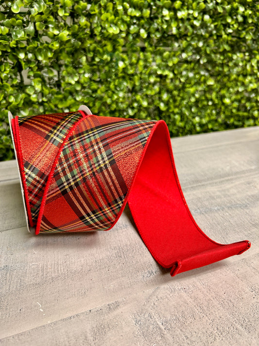 2.5 Inch By 10 Yard Red Green And Yellow Metallic Diagonal Plaid With Fused Back Ribbon