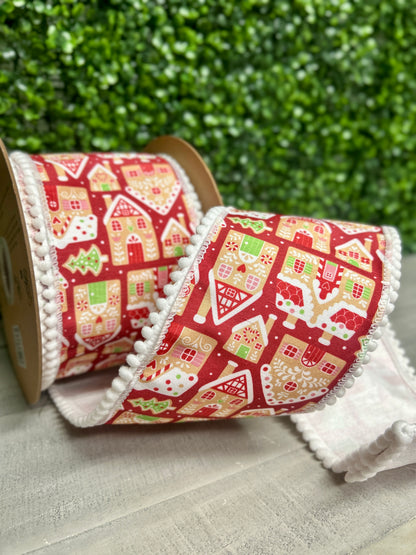4 Inch By 10 Yard Gingerbread Houses On Red With White Backing Ribbon