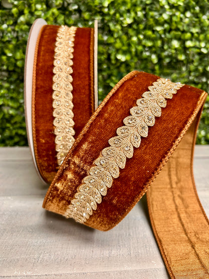 Farrisilk 2.5 Inch By 10 Yard Pecan Velvet With Diamond Garland Ribbon