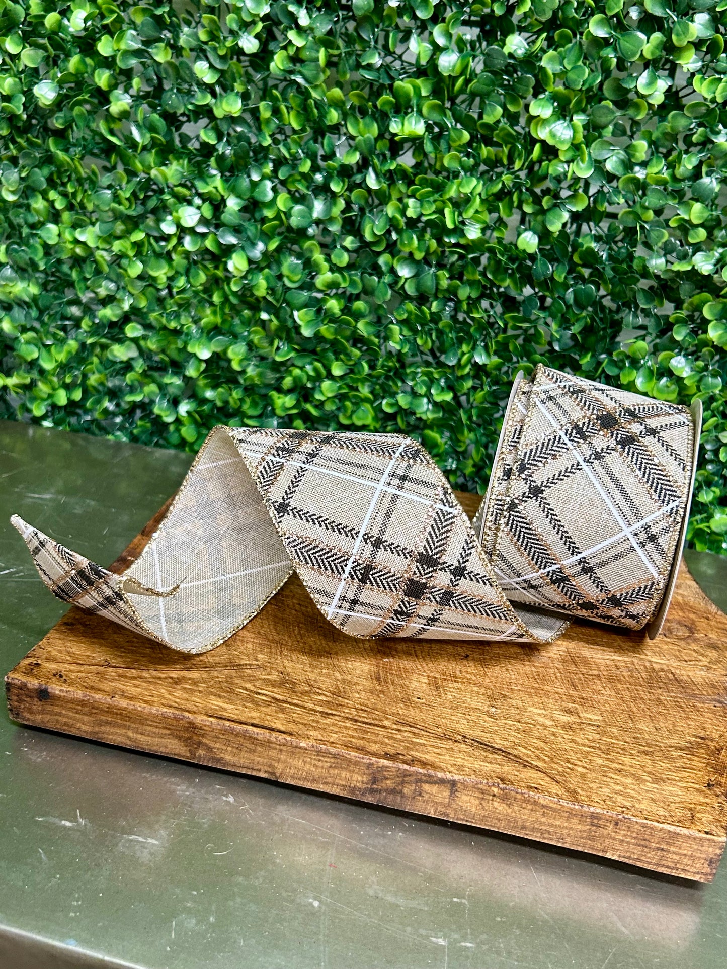 2.5 Inch By 10 Yard Natural Black And Gold Plaid Ribbon