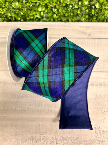 David Christopher 2.5 Inch By 10 Yard Navy Blue and Evergreen Plaid Ribbon