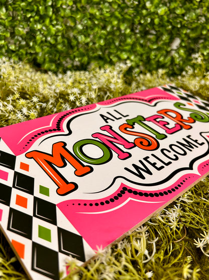 12.5 Inch Pink And Green All Monsters Welcome Wood Sign