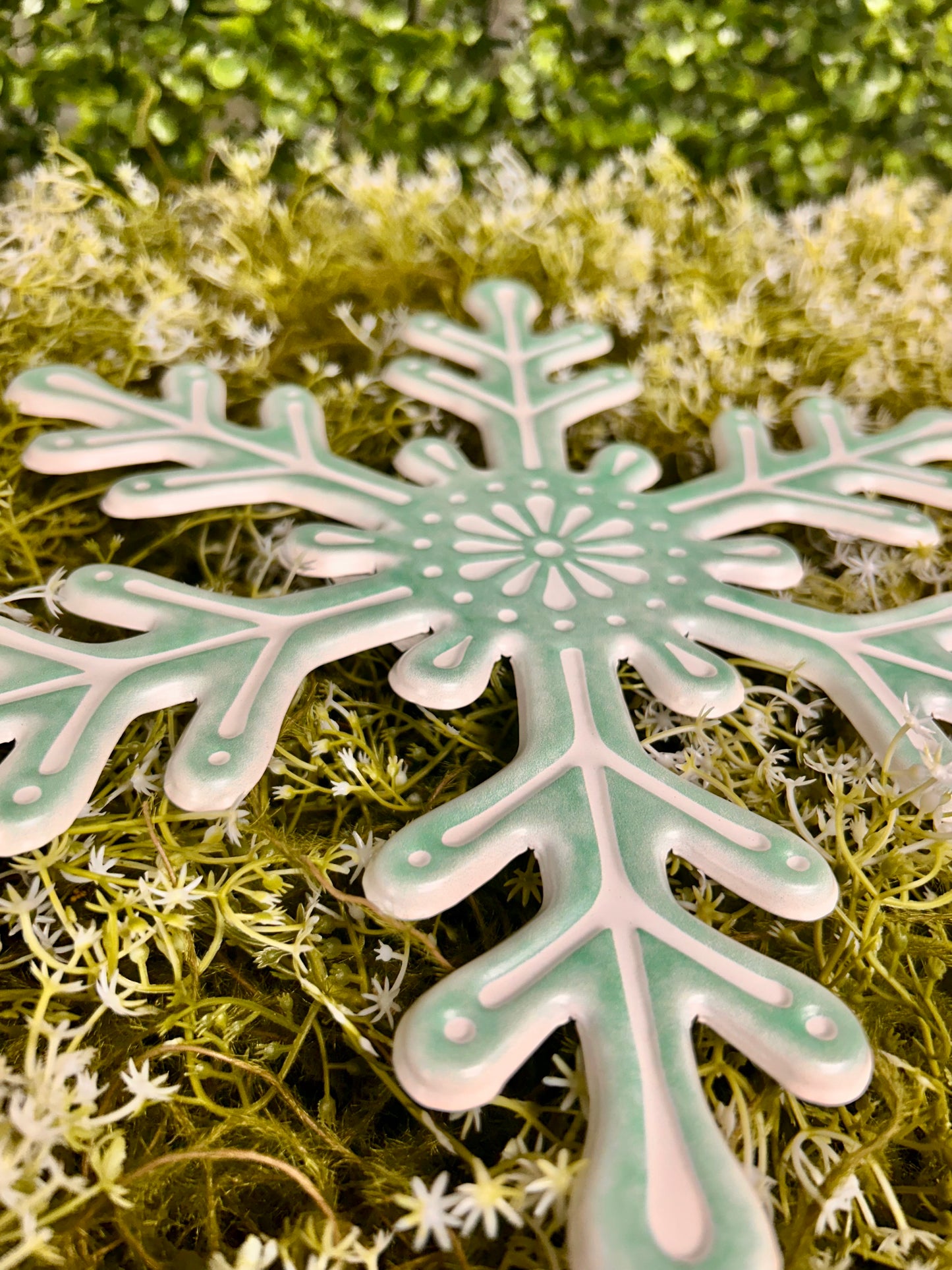 12 Inch Mint Green And White Metal Embossed Snowflake Sign