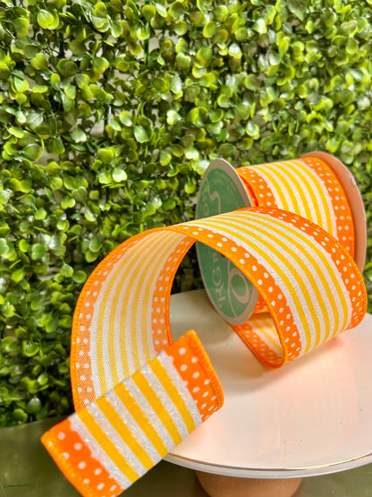 2.5 Inch By 10 Yard White Orange And Yellow Vertical Stripe And Polka Dot Ribbon