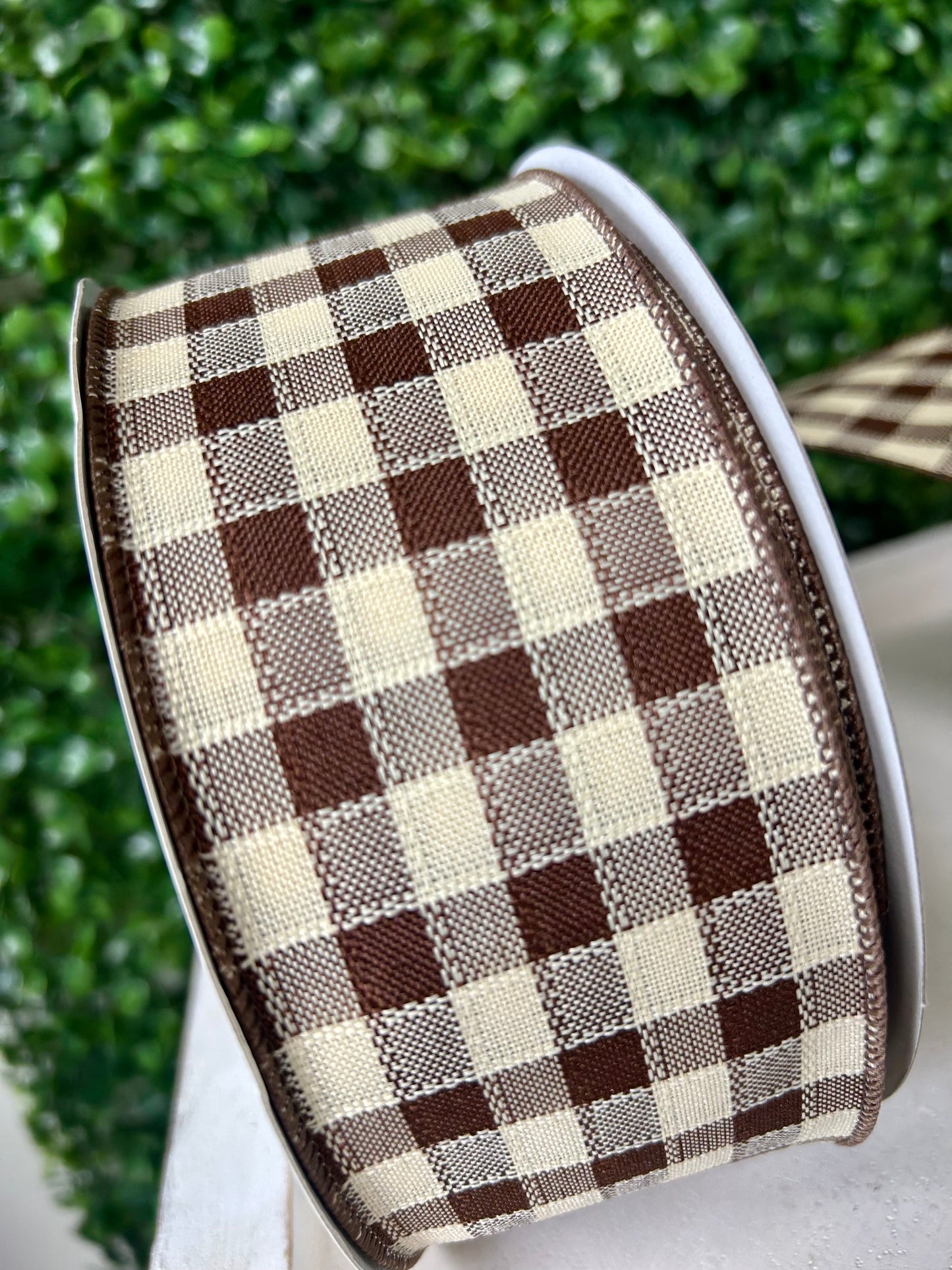 2.5 Inch By 50 Yard Brown And Cream Woven Small Check Ribbon