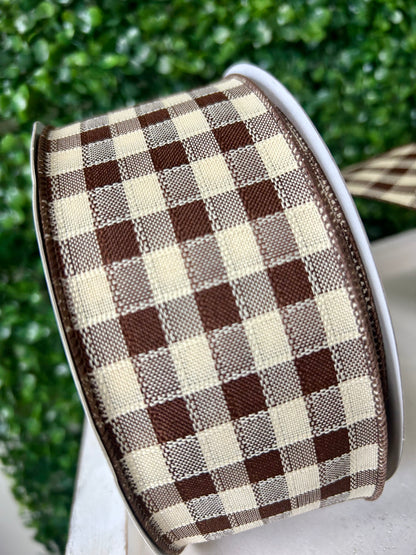 2.5 Inch By 50 Yard Brown And Cream Woven Small Check Ribbon