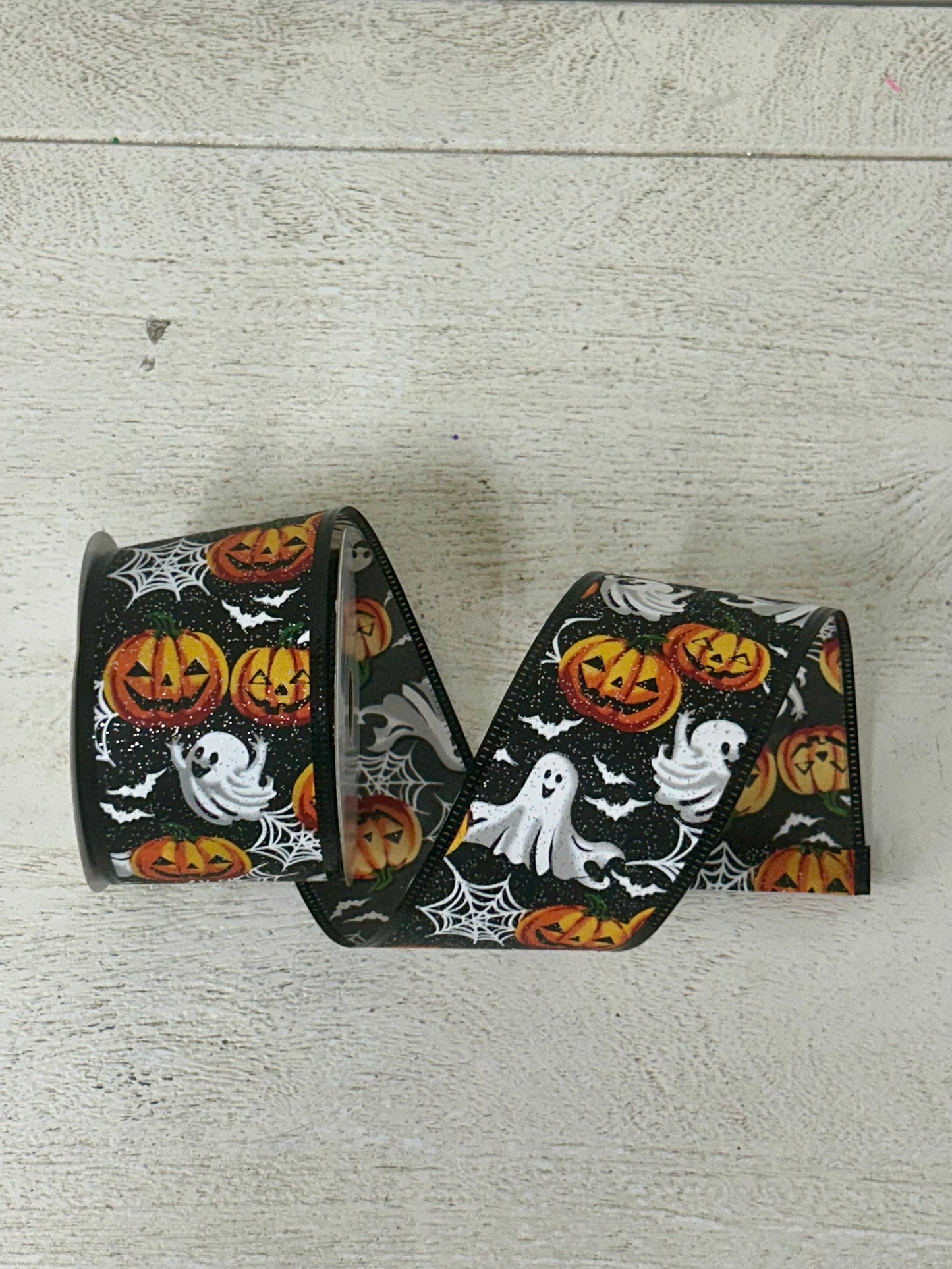 2.5 Inch By 10 Yard Black Glitter Ghosts Pumpkin Bats And Spider Webs Ribbon