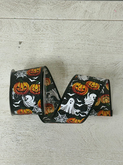 2.5 Inch By 10 Yard Black Glitter Ghosts Pumpkin Bats And Spider Webs Ribbon