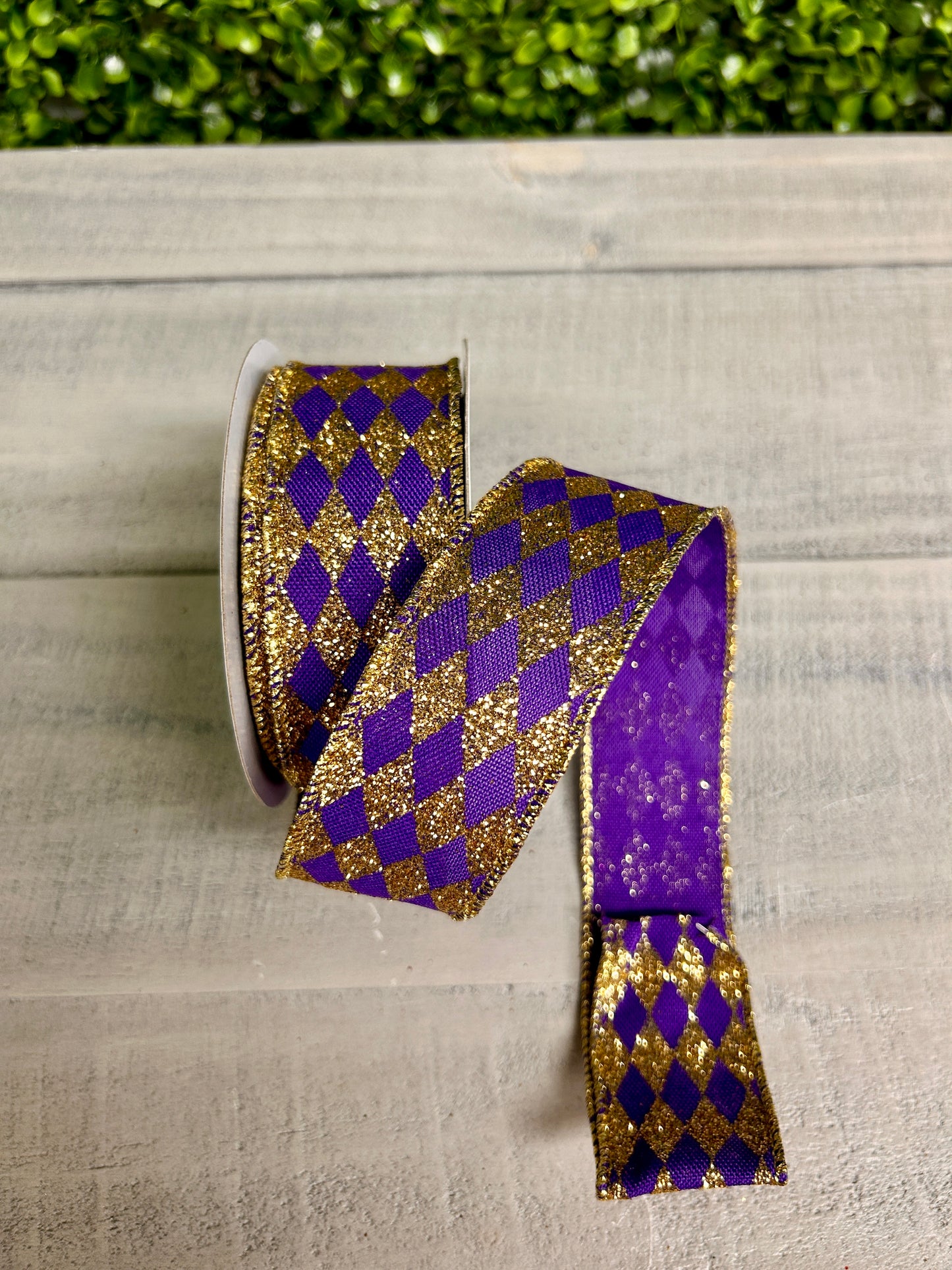 1.5 Inch By 10 Yard Purple And Gold Glitter Harlequin Ribbon