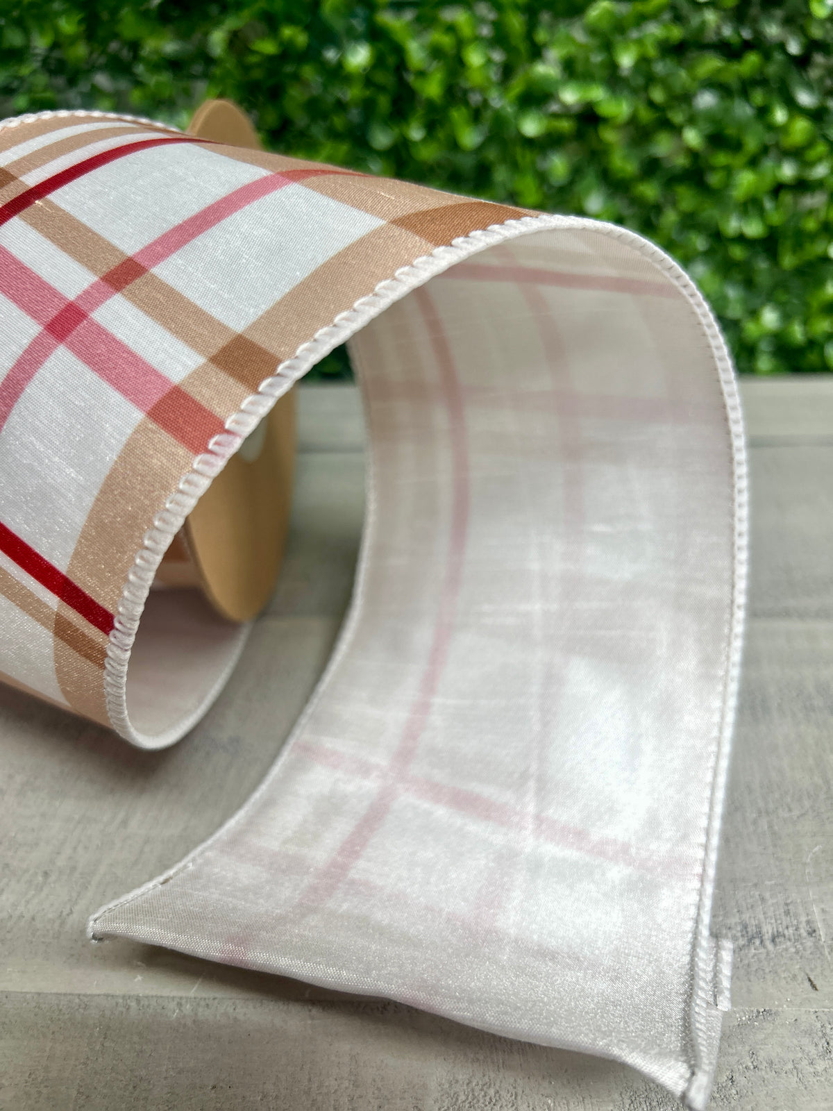 4 Inch By 10 Yard Gingerbread Plaid With White Backing Ribbon