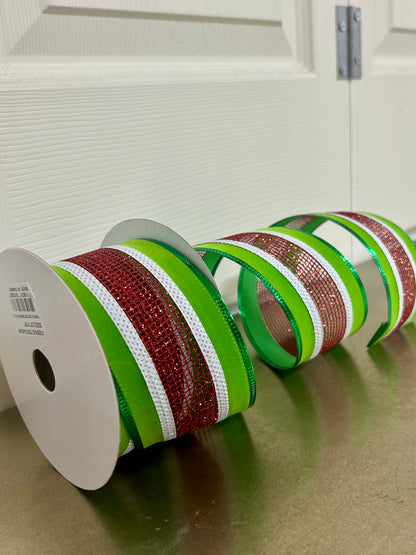 2.5 Inch By 10 Yard Green Velvet With Red Net Center Ribbon