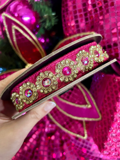 1 Inch By 5 Yards Hot Pink And Gold Jewel Floral Metallic Dupioni Ribbon