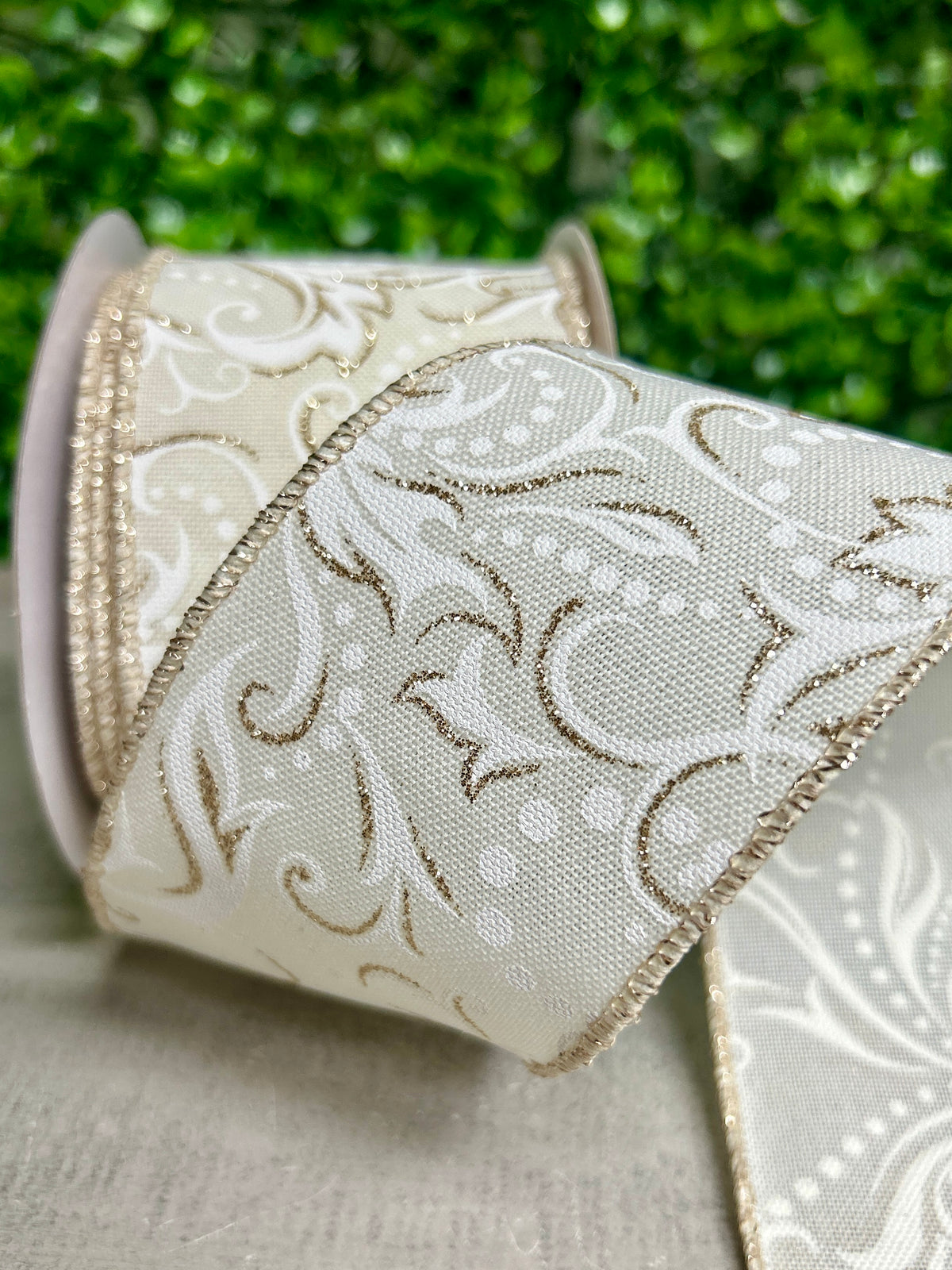 2.5 Inch By 10 Yard Ivory And White Leaf Filagree With Polka Dot Ribbon