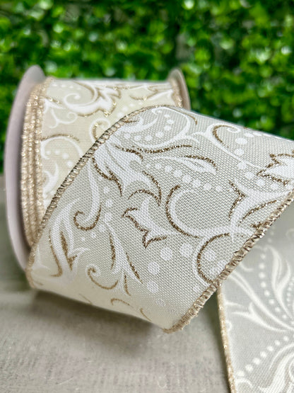 2.5 Inch By 10 Yard Ivory And White Leaf Filagree With Polka Dot Ribbon