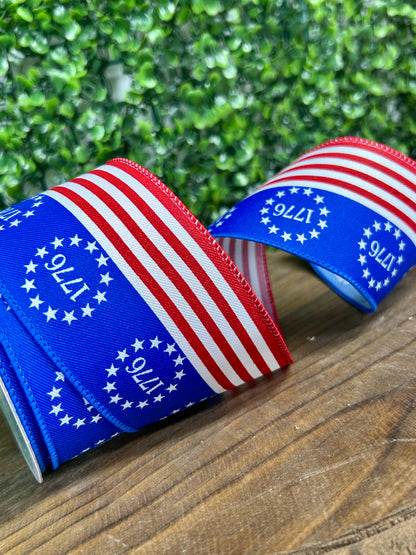 2.5 Inch By 10 Yard Red White And Blue 1776 Stars And Stripes Ribbon