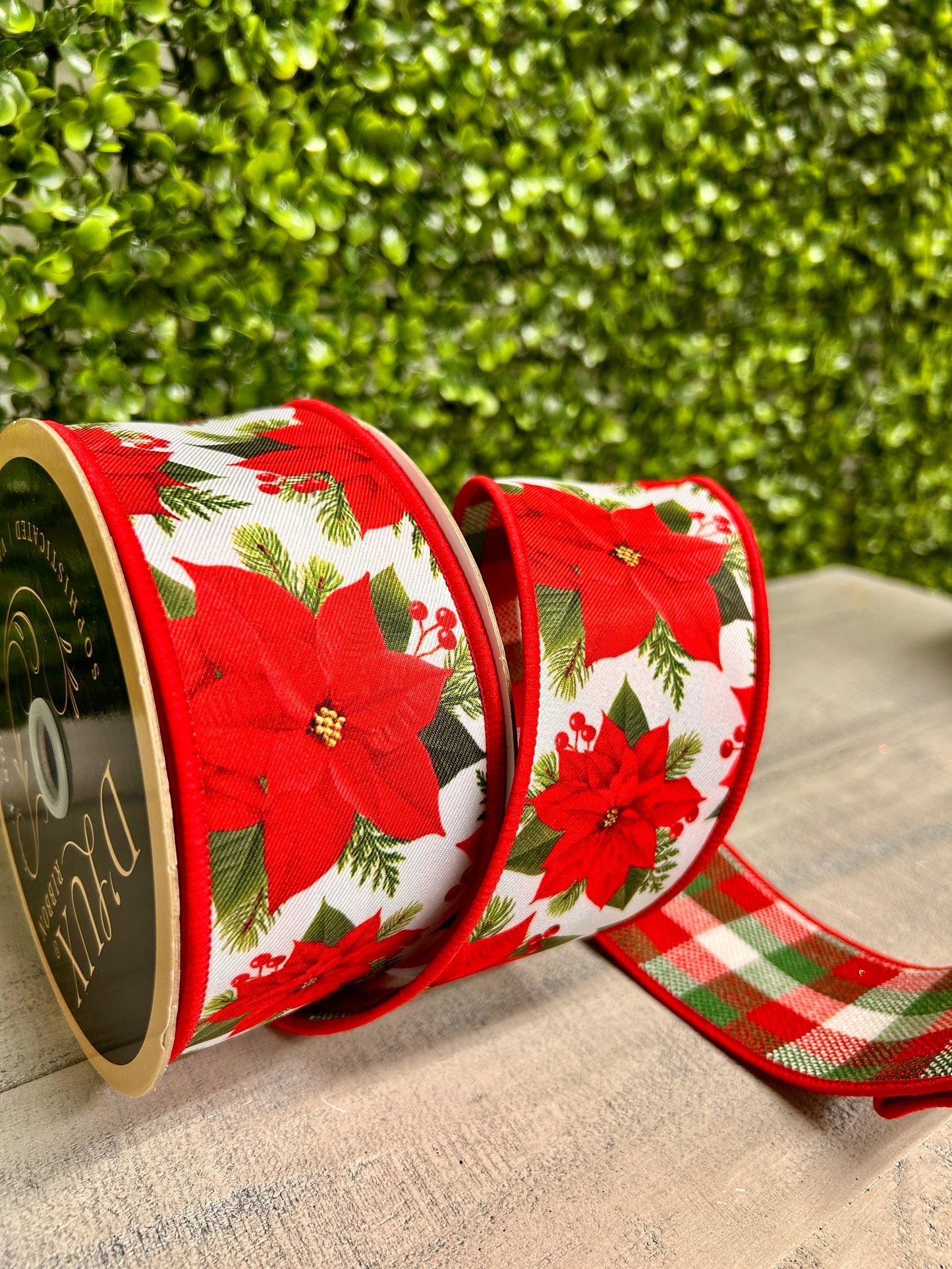 2.5 Inch By 10 Yard Poinsettia With Red And Green Check Backing Ribbon