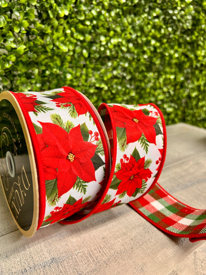 2.5 Inch By 10 Yard Poinsettia With Red And Green Check Backing Ribbon