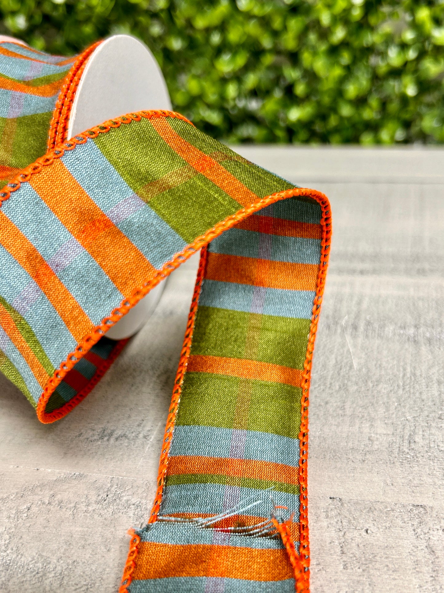 1.5 Inch By 10 Yard Moss Green Orange And Smoke Blue Faux Dupinoi Plaid Ribbon