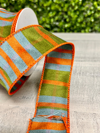 1.5 Inch By 10 Yard Moss Green Orange And Smoke Blue Faux Dupinoi Plaid Ribbon