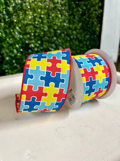 2.5 Inch By 10 Yard Multicolor Puzzle Piece Ribbon