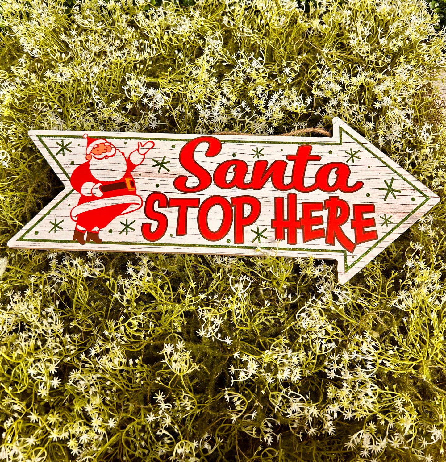 16 Inch Glitter Santa Stop Here Arrow Shaped Wood Sign