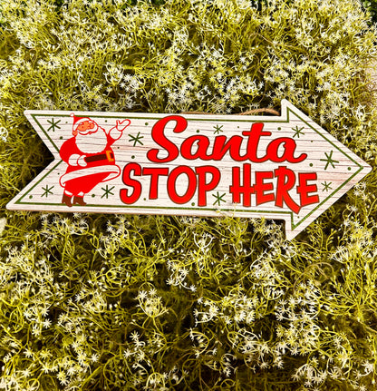 16 Inch Glitter Santa Stop Here Arrow Shaped Wood Sign