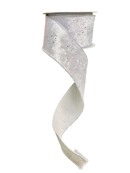 2.5 Inch By 10 Yard White And Silver Speckled Velvet Ribbon