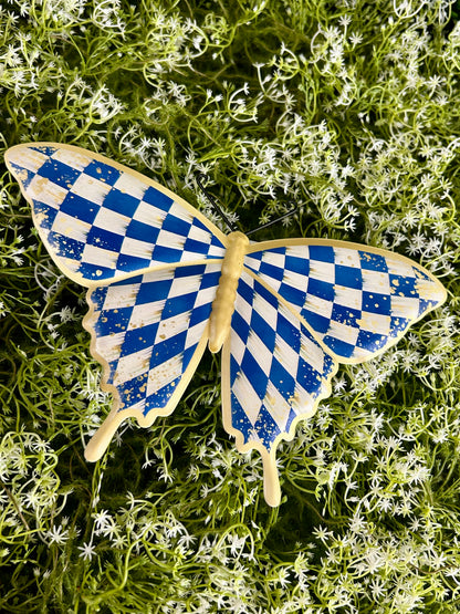 9.75 Inch Blue White And Gold Antique Check Butterfly Sign