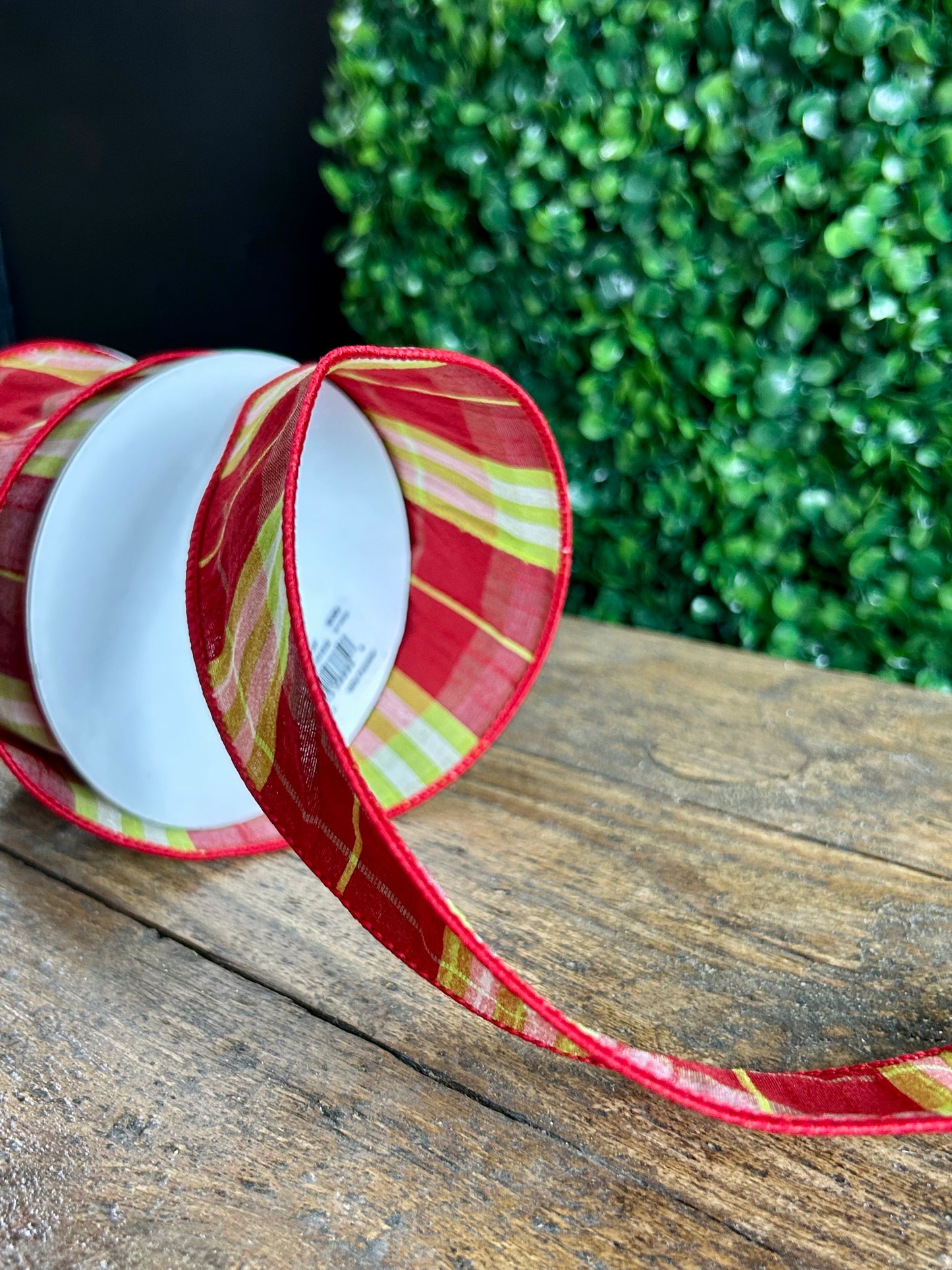 2.5 Inch By 10 Yard Red And Lime Plaid Dupioni Ribbon