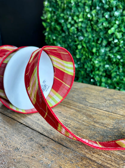 2.5 Inch By 10 Yard Red And Lime Plaid Dupioni Ribbon