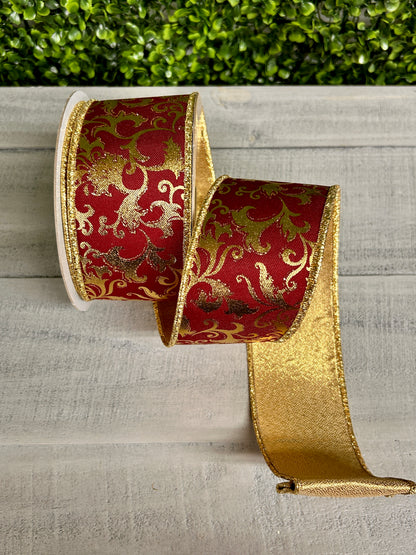 2.5 Inch By 10 Yard Wine And Gold Metallic Foil Swirl Leaf Fused Ribbon
