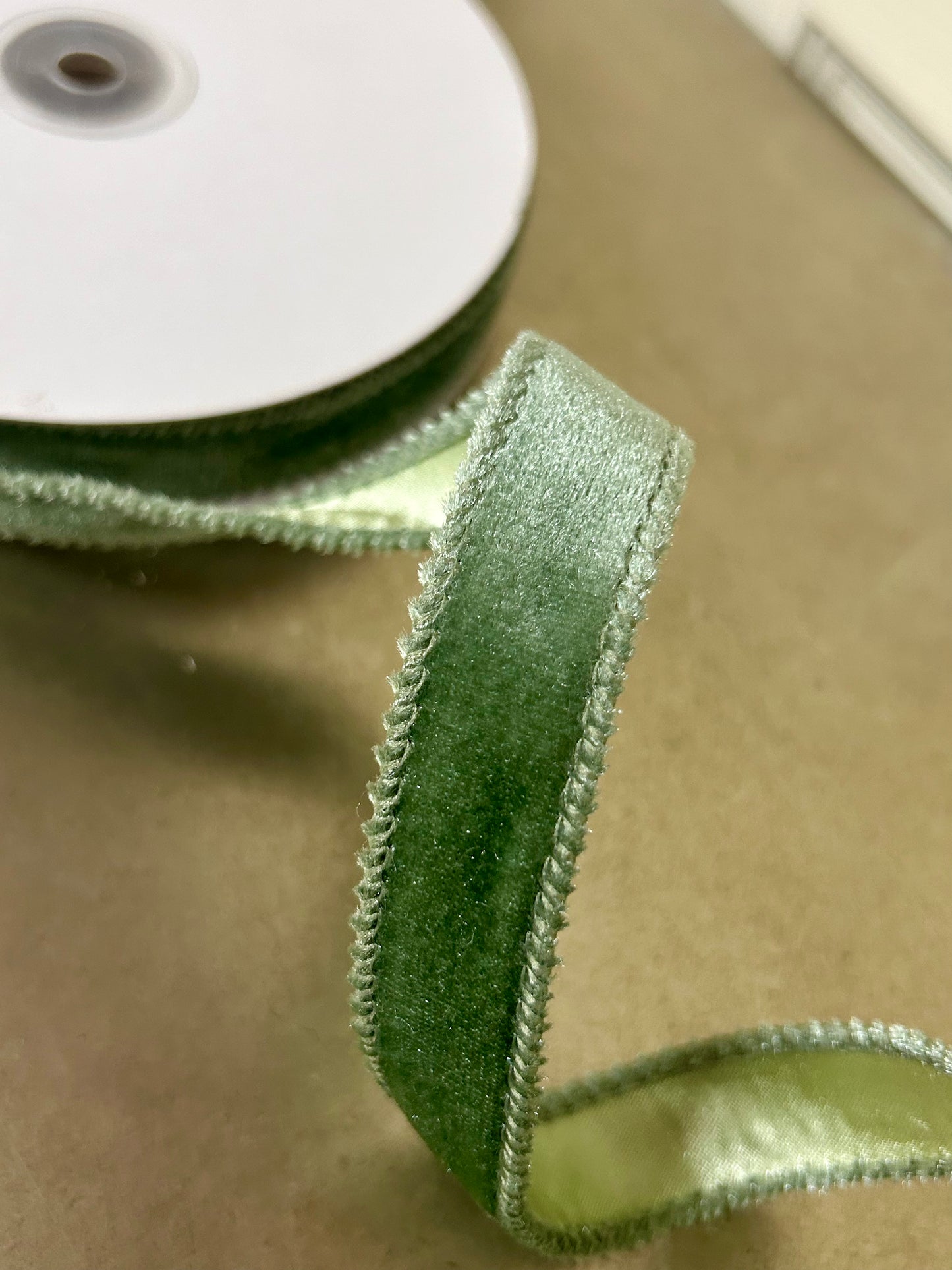 7/8 Inch By 10 Yard Sage Green Deluxe Velvet With Satin Backing Ribbon
