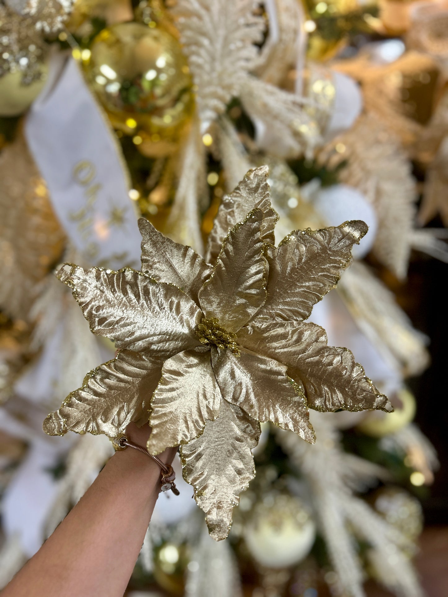 14 Inch Taupe Metallic Velvet Poinsettia Stem