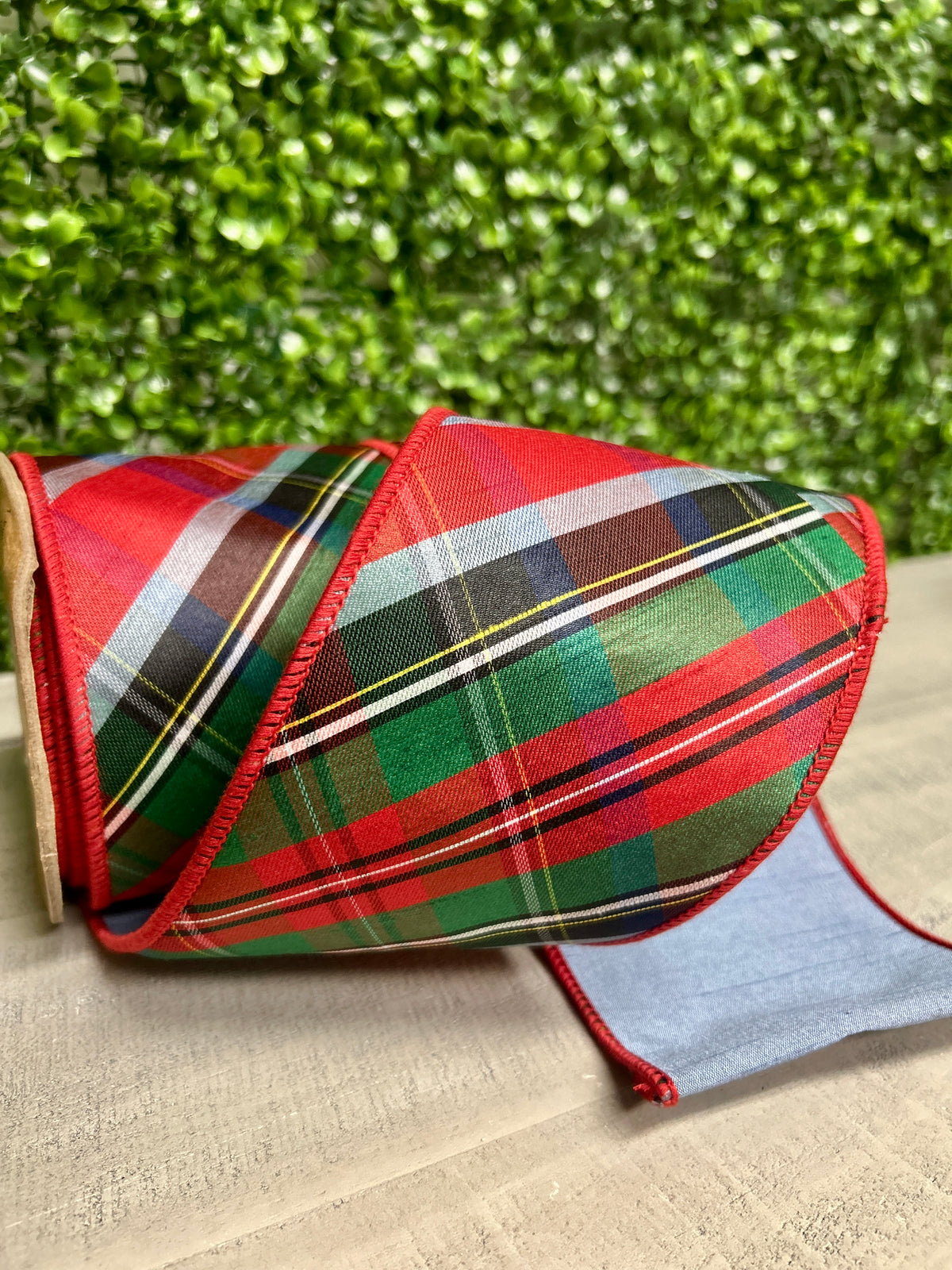 4 Inch By 10 Yard Traditional Christmas Plaid With Blue Backing Ribbon