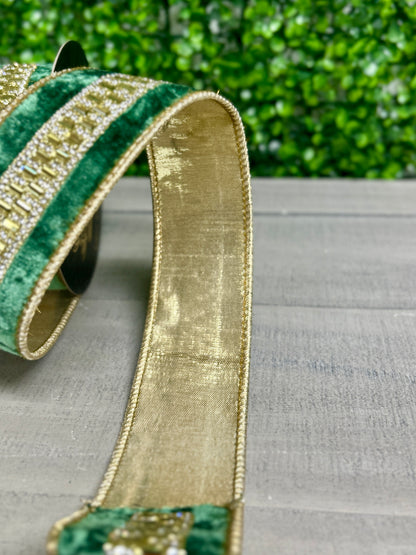 John Mark 1.5 Inch By 5 Yard Green Velvet Jeweled Center Fused Backing Ribbon