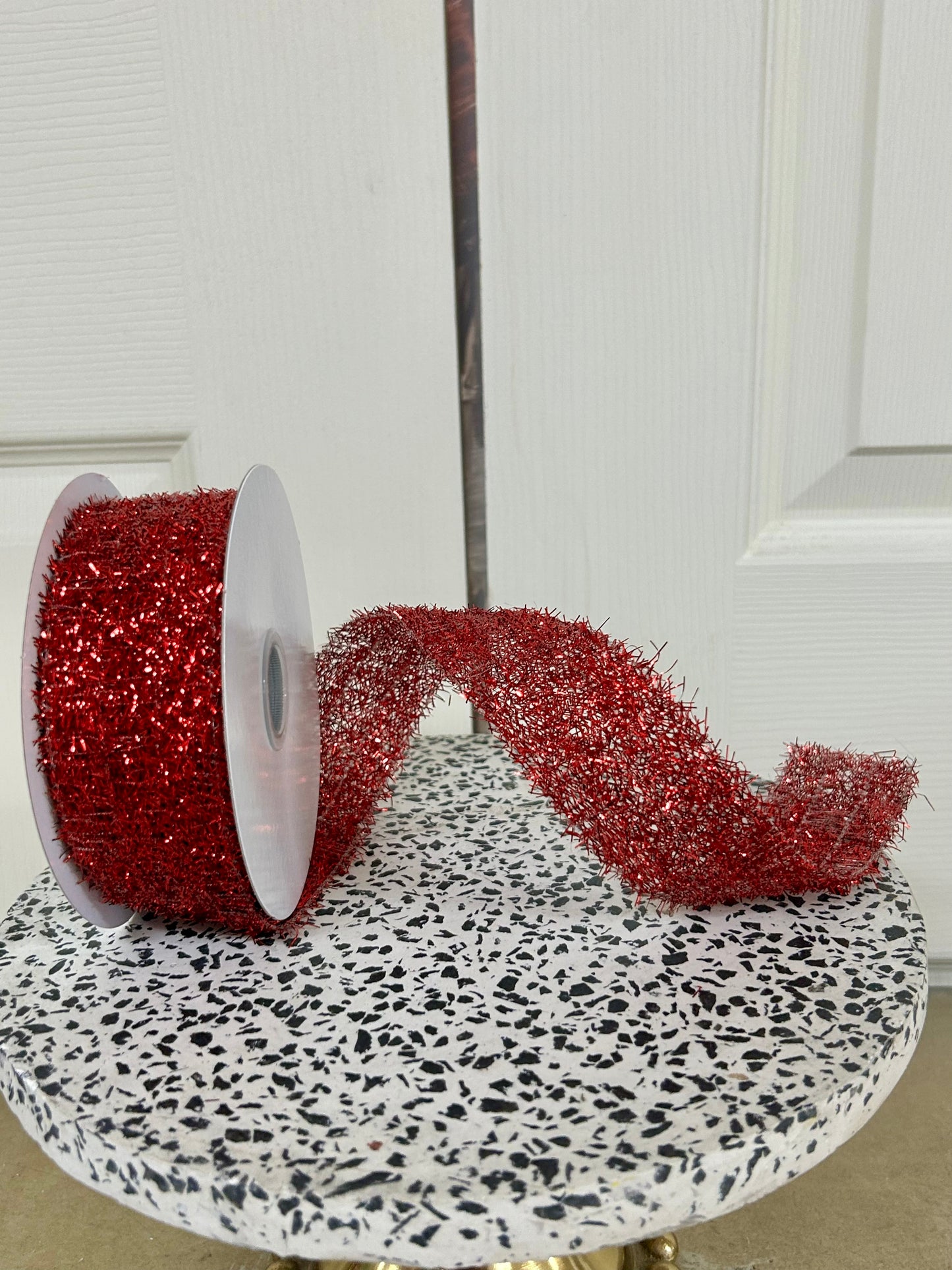 1.5 Inch By 10 Yard Red Long Confetti Metallic Wired Ribbon
