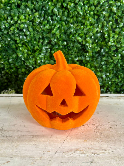 6 Inch Lighted Resin Flocked Halloween Pumpkin Three Styles