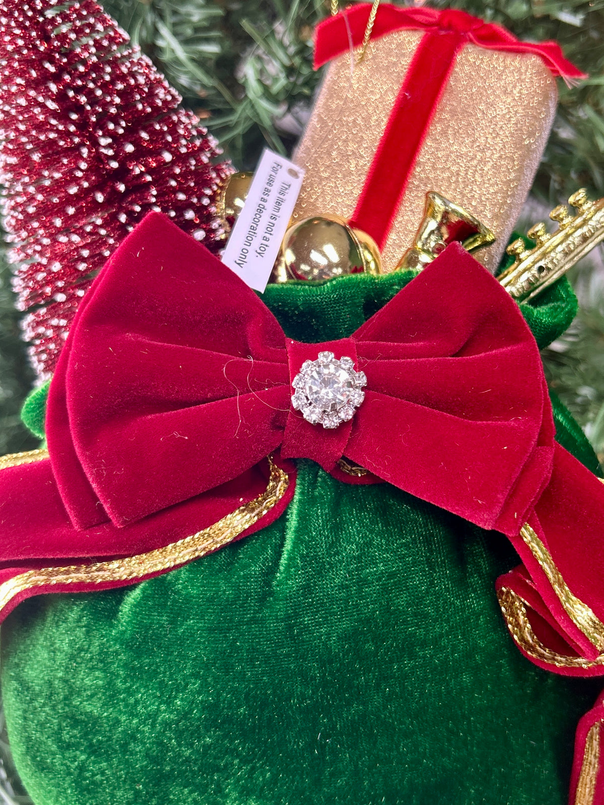 10 Inch Red Green Velvet Sack With Gift Tree Ornament
