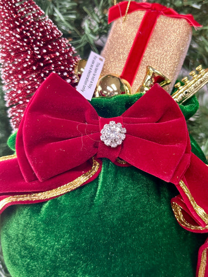 10 Inch Red Green Velvet Sack With Gift Tree Ornament