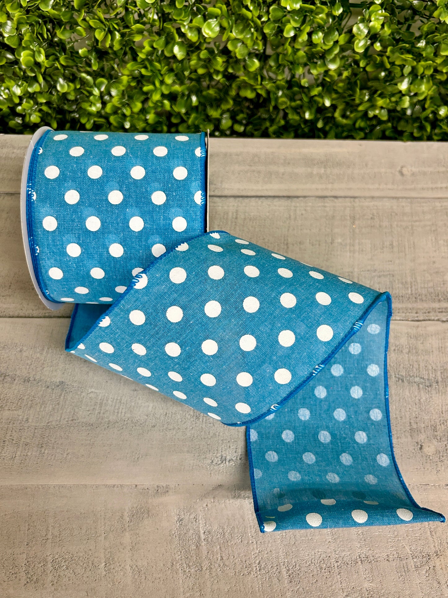 4 Inch By 10 Yard Blue Polka Dot Linen Ribbon