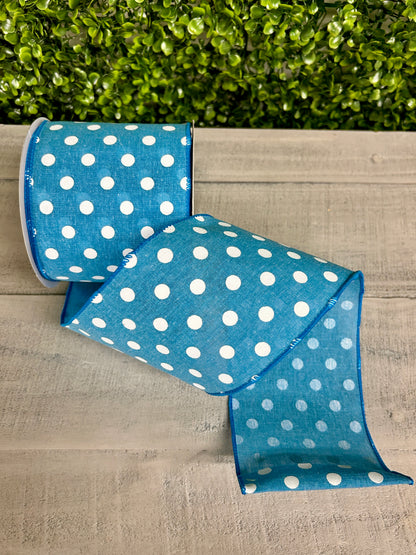 4 Inch By 10 Yard Blue Polka Dot Linen Ribbon